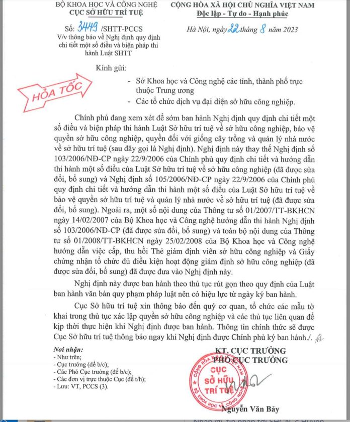 xem xét ban hành Nghị định thay thế Nghị định số 103 và Nghị định số 105, Nghị định quy định chi tiết một số điều và biện pháp thi hành Luật Sở hữu trí tuệ, Công văn số 3449/SHTT-PCCS, xem xét ban hành Nghị định thay thế Nghị định số 103 và Nghị định số 105, Nghị định quy định chi tiết một số điều và biện pháp thi hành Luật Sở hữu trí tuệ, Công văn số 3449/SHTT-PCCS,